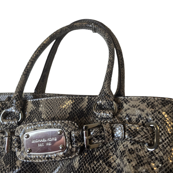Michael Kors brown snake skin print leather Hamilton satchel/crossbody silver - Picture 3 of 9